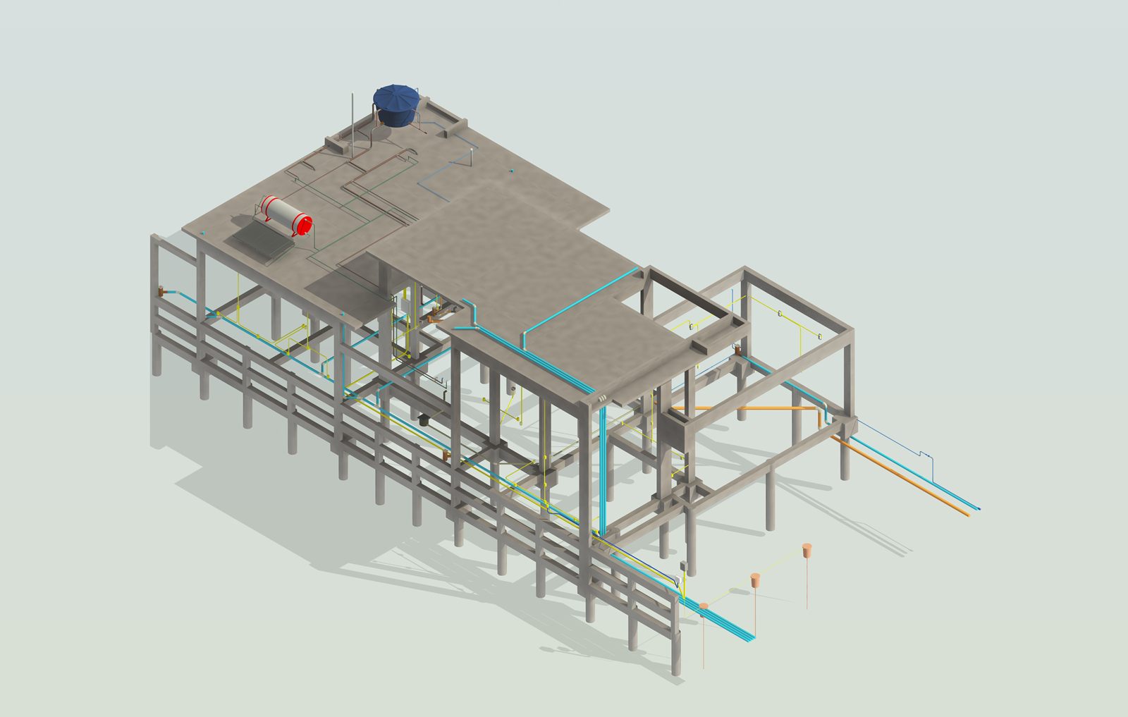 Modelo BIM compatibilizado: estrutura de concreto com reservatório, aquecedor solar, tubulações e eletrodutos